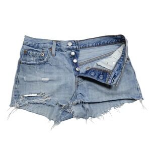 Levis 501 Shorts Womens 27 Blue Denim High Rise Button Fly Distressed Cutoff